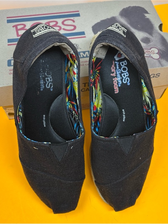 bobs Shoes - Sz 9 Skechers BOBS Black Canvas Slip-On Espadrille with Colorful Floral Lining